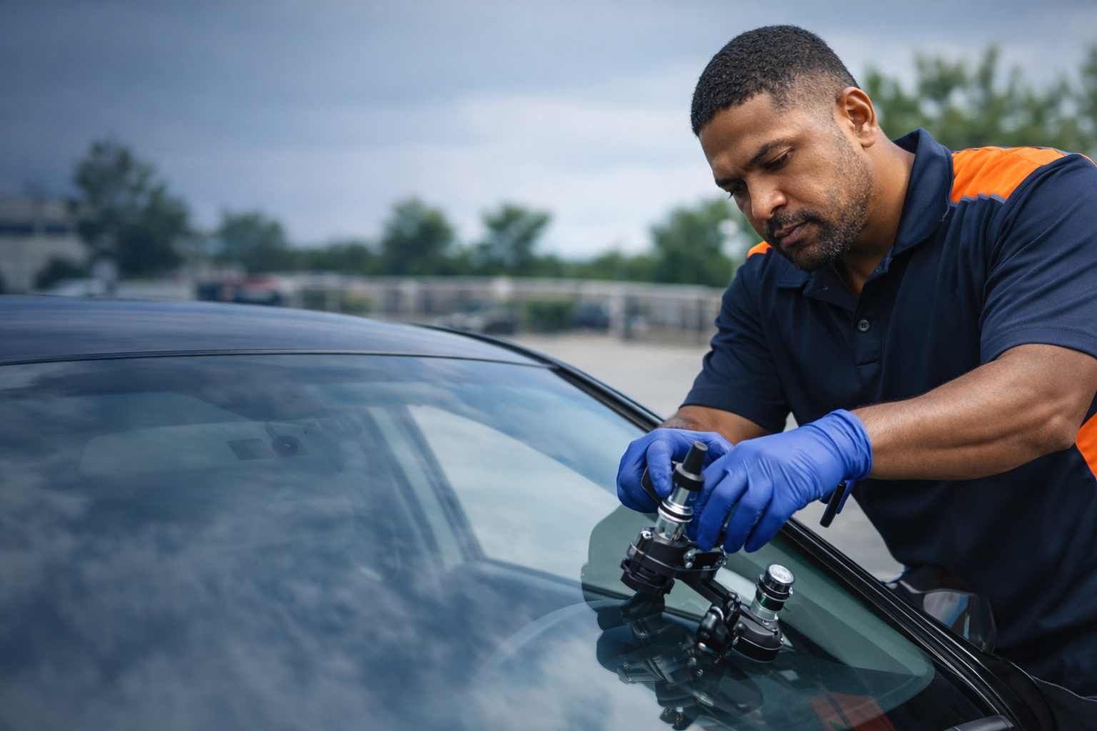 Technician repairing a windshield chip